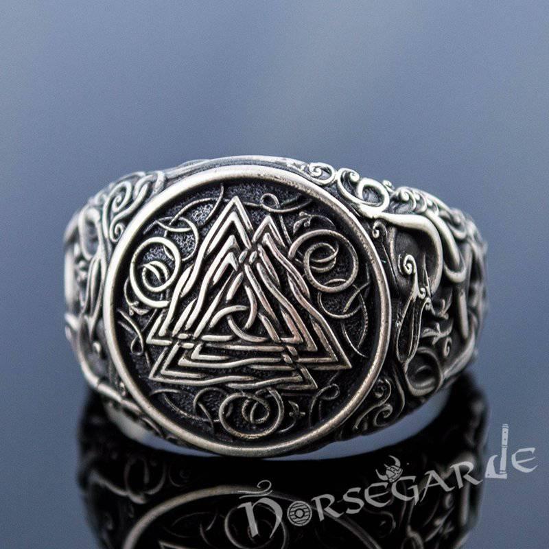 Handcrafted Urnes Style Valknut Ring - Sterling Silver
