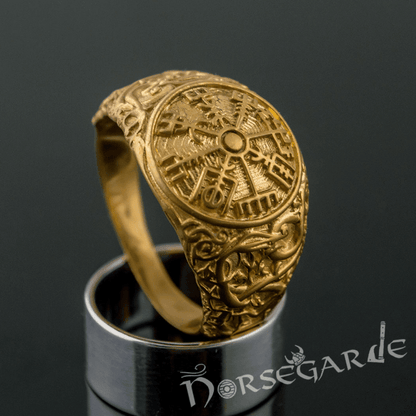 Handcrafted Urnes Style Vegvisir Ring - Gold