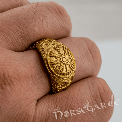 Handcrafted Urnes Style Vegvisir Ring - Gold