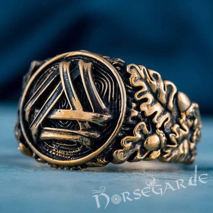 Handcrafted Valknut Oak Leaves Ring - Bronze