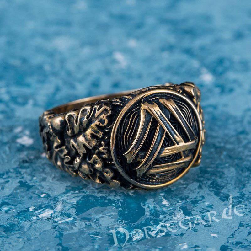Handcrafted Valknut Oak Leaves Ring - Bronze