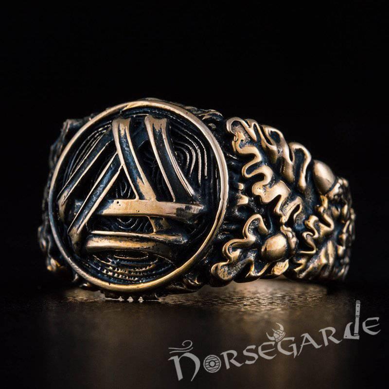 Handcrafted Valknut Oak Leaves Ring - Bronze