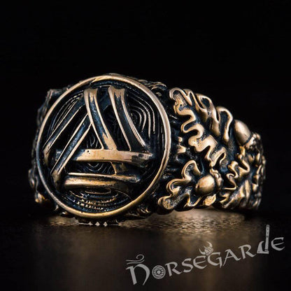 Handcrafted Valknut Oak Leaves Ring - Bronze