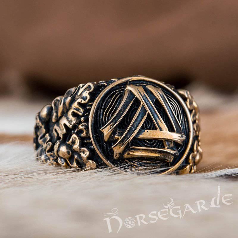 Handcrafted Valknut Oak Leaves Ring - Bronze
