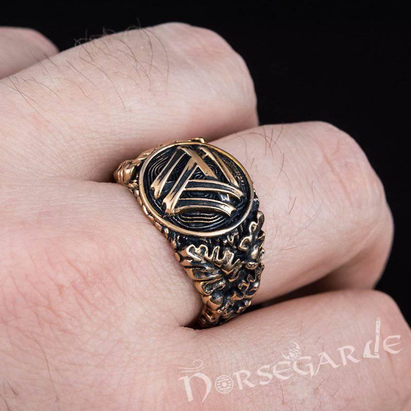 Handcrafted Valknut Oak Leaves Ring - Bronze