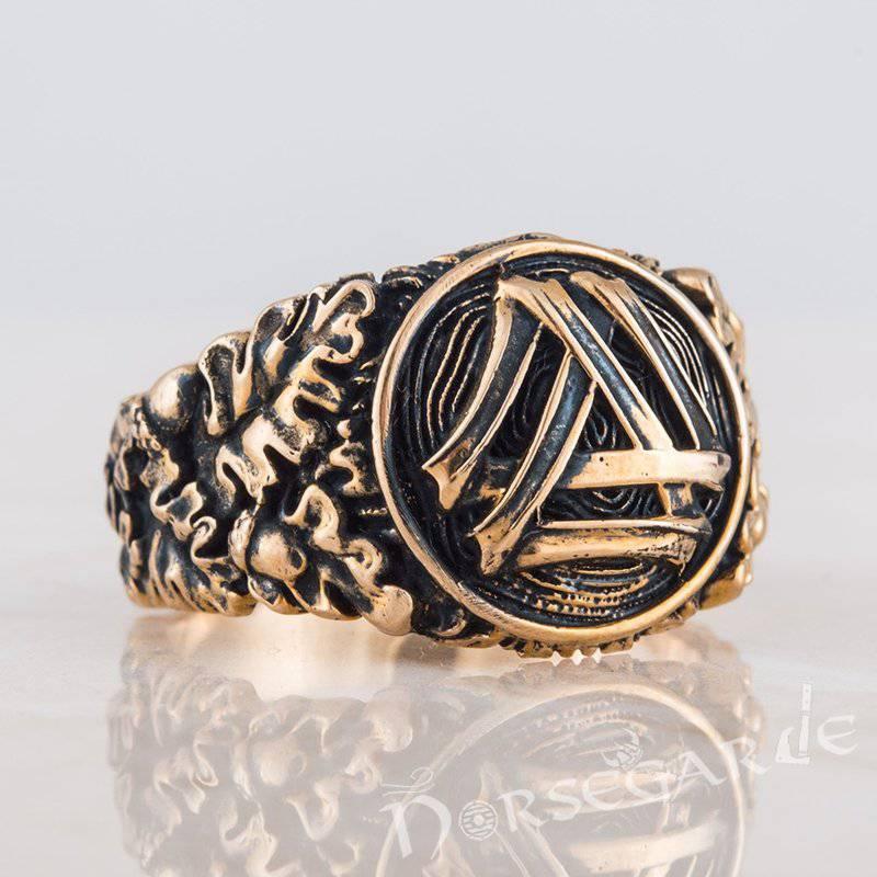 Handcrafted Valknut Oak Leaves Ring - Bronze