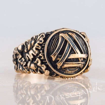 Handcrafted Valknut Oak Leaves Ring - Bronze