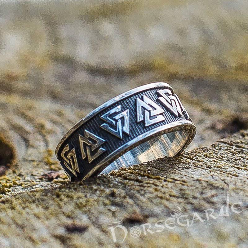 Handcrafted Valknut Runes Band - Sterling Silver
