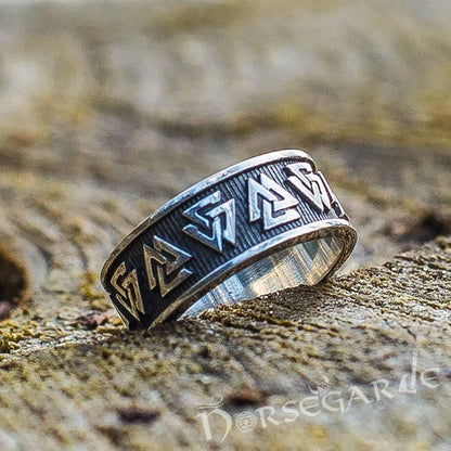 Handcrafted Valknut Runes Band - Sterling Silver