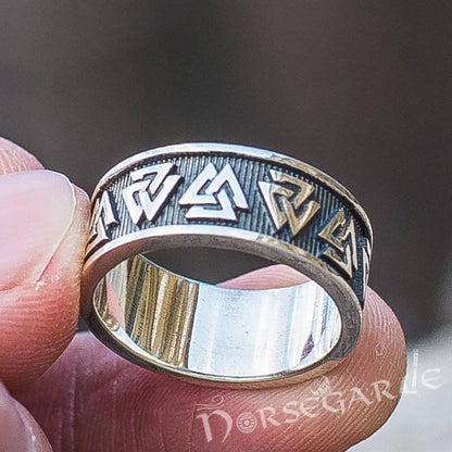 Handcrafted Valknut Runes Band - Sterling Silver