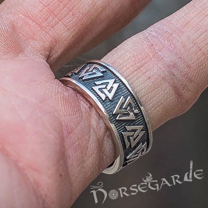 Handcrafted Valknut Runes Band - Sterling Silver
