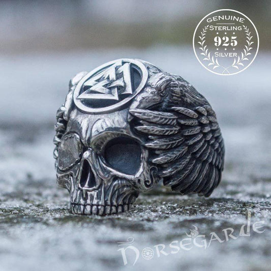 Handcrafted Valknut Skull and Ravens Ring - Sterling Silver