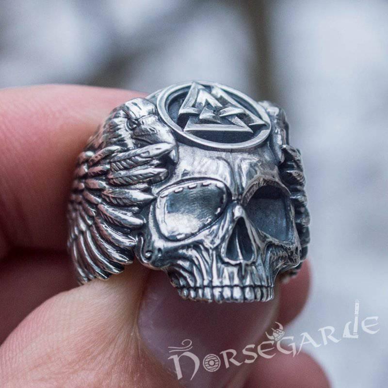Handcrafted Valknut Skull and Ravens Ring - Sterling Silver