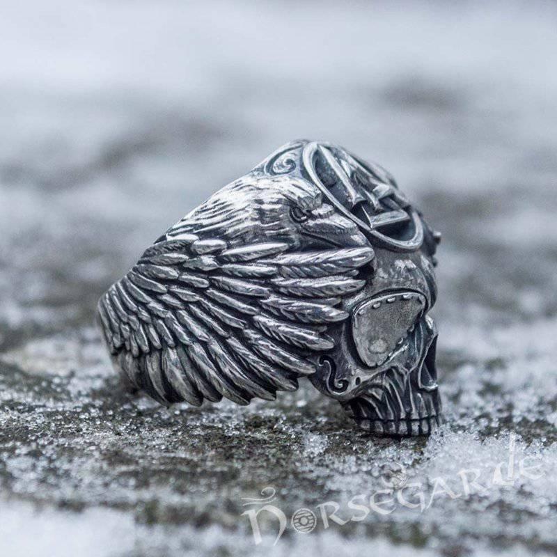 Handcrafted Valknut Skull and Ravens Ring - Sterling Silver