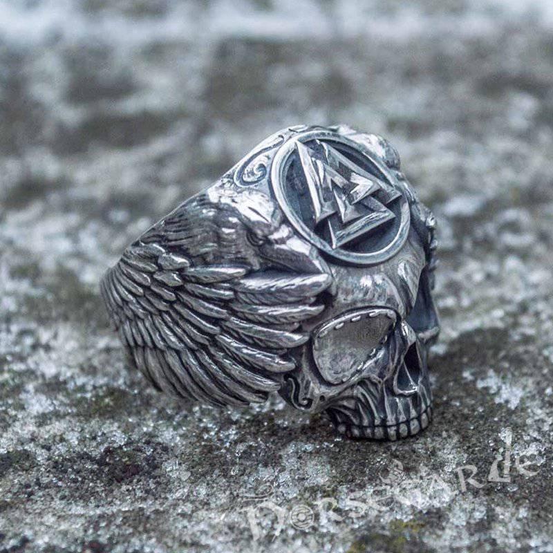 Handcrafted Valknut Skull and Ravens Ring - Sterling Silver