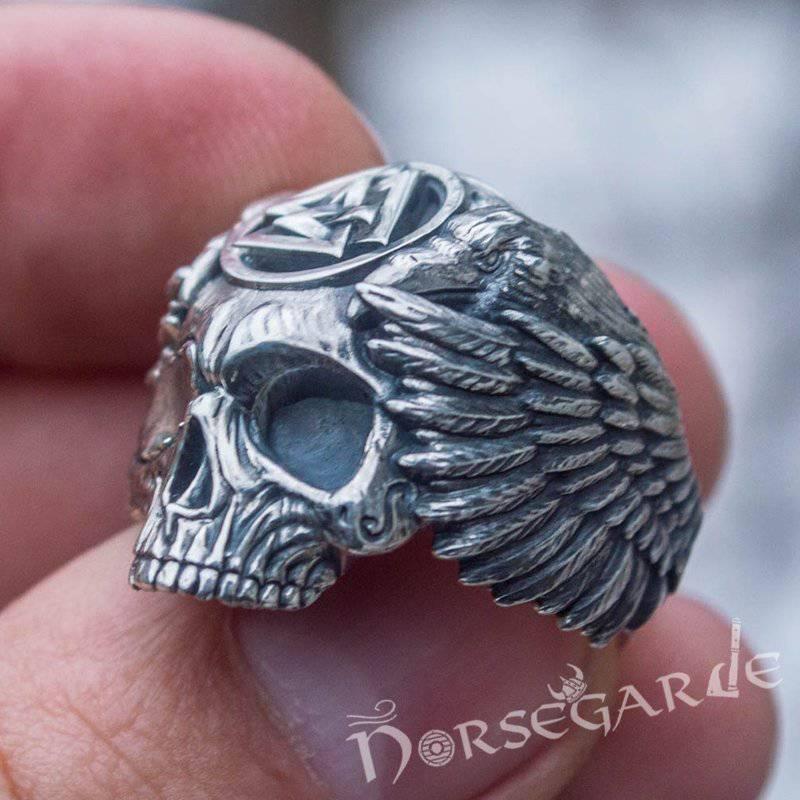 Handcrafted Valknut Skull and Ravens Ring - Sterling Silver