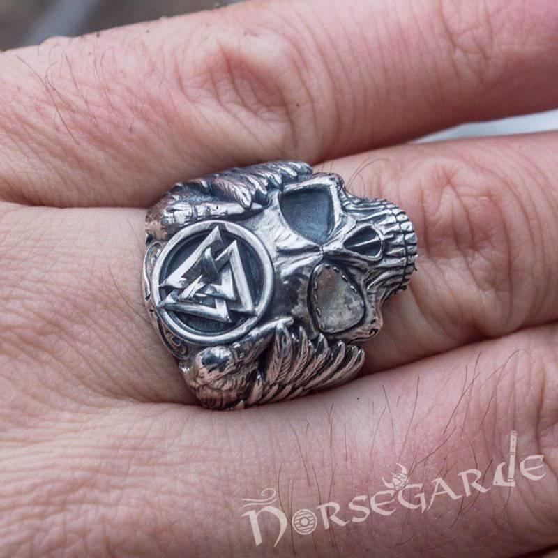 Handcrafted Valknut Skull and Ravens Ring - Sterling Silver