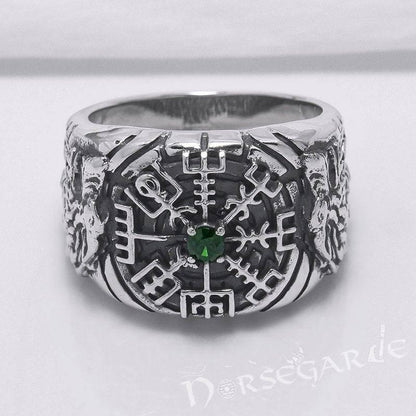Handcrafted Vegvisir and Wolves Gemmed Ring - Sterling Silver