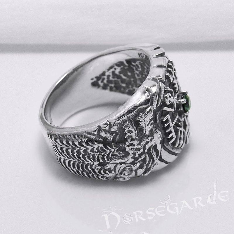 Handcrafted Vegvisir and Wolves Gemmed Ring - Sterling Silver
