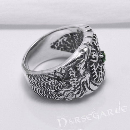 Handcrafted Vegvisir and Wolves Gemmed Ring - Sterling Silver