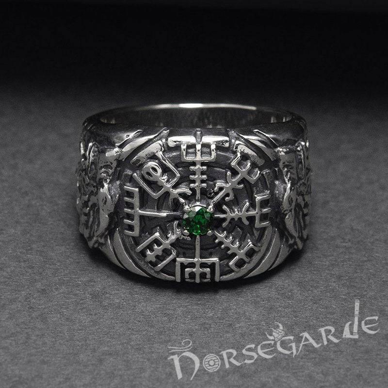 Handcrafted Vegvisir and Wolves Gemmed Ring - Sterling Silver