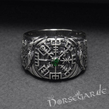Handcrafted Vegvisir and Wolves Gemmed Ring - Sterling Silver