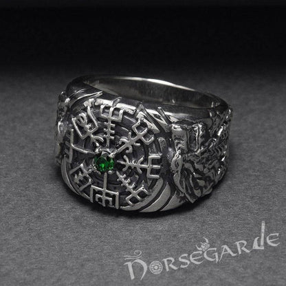 Handcrafted Vegvisir and Wolves Gemmed Ring - Sterling Silver