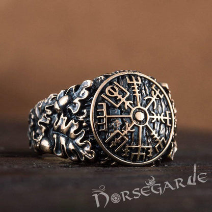 Handcrafted Vegvisir Rune Oak Leaves Ring - Bronze