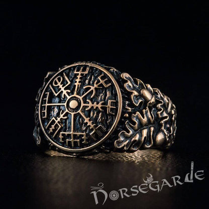 Handcrafted Vegvisir Rune Oak Leaves Ring - Bronze