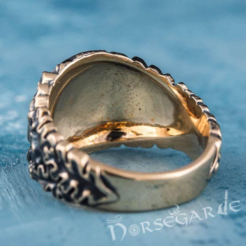 Handcrafted Vegvisir Rune Oak Leaves Ring - Bronze