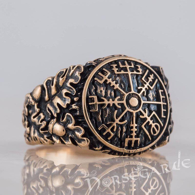 Handcrafted Vegvisir Rune Oak Leaves Ring - Bronze