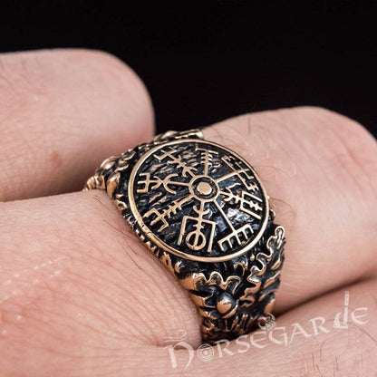 Handcrafted Vegvisir Rune Oak Leaves Ring - Bronze