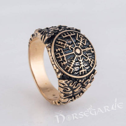 Handcrafted Vegvisir Rune Oak Leaves Ring - Bronze