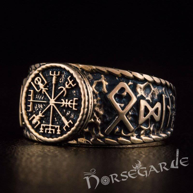 Handcrafted Vegvisir Runic Signet Ring - Bronze