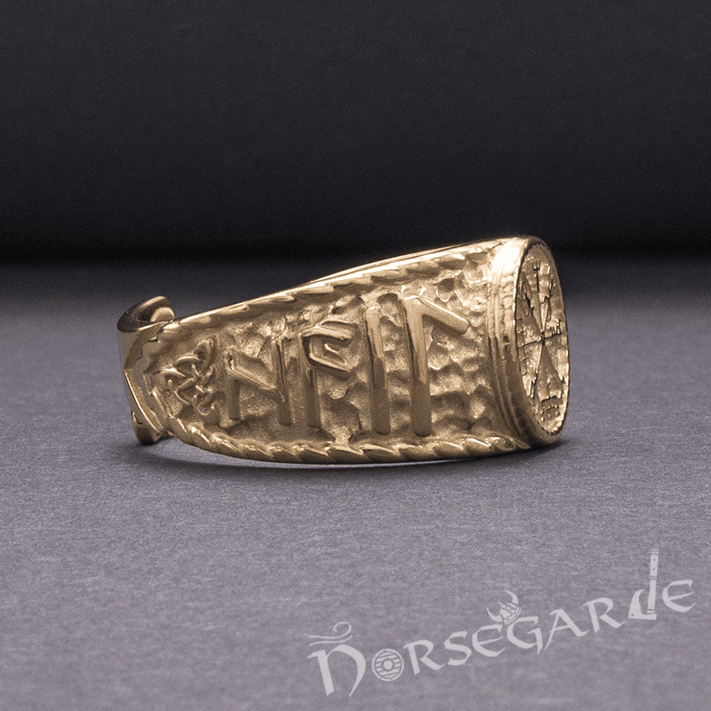 Handcrafted Vegvisir Runic Signet Ring - Gold