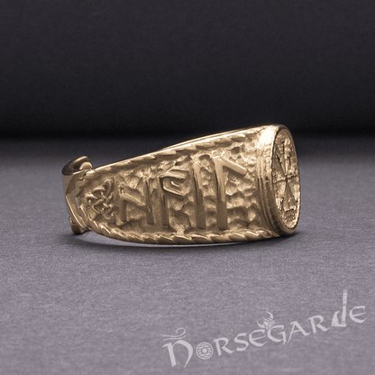 Handcrafted Vegvisir Runic Signet Ring - Gold