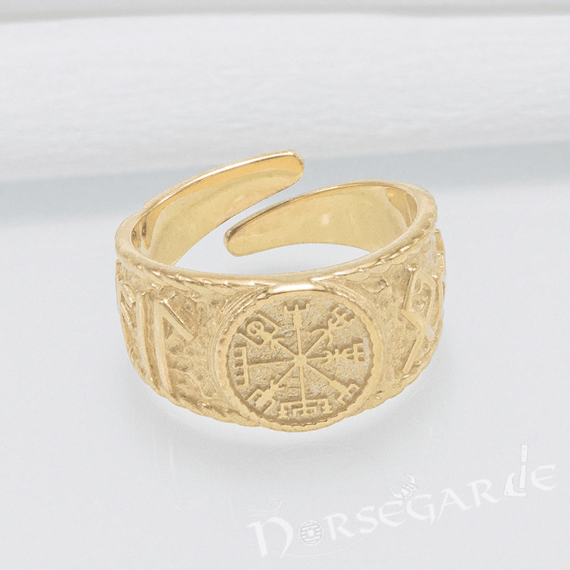 Handcrafted Vegvisir Runic Signet Ring - Gold