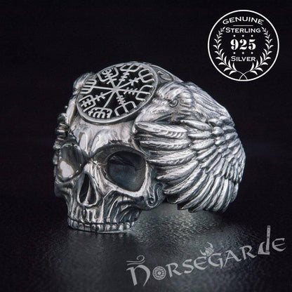Handcrafted Vegvisir Skull and Ravens Ring - Sterling Silver