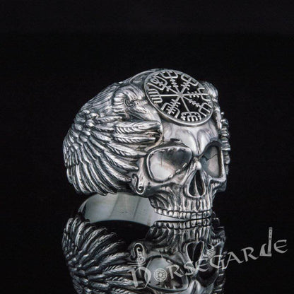 Handcrafted Vegvisir Skull and Ravens Ring - Sterling Silver