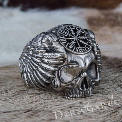 Handcrafted Vegvisir Skull and Ravens Ring - Sterling Silver