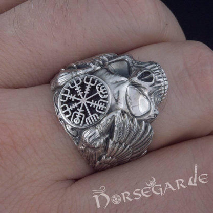 Handcrafted Vegvisir Skull and Ravens Ring - Sterling Silver