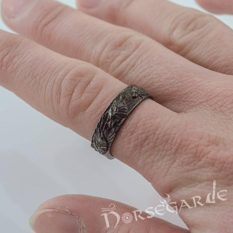 Handcrafted Wolf Ornament Band - Ruthenium Plated Sterling Silver