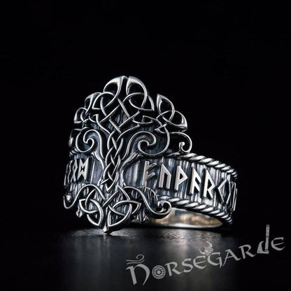 Handcrafted Yggdrasil and Runic Circle Ring - Sterling Silver