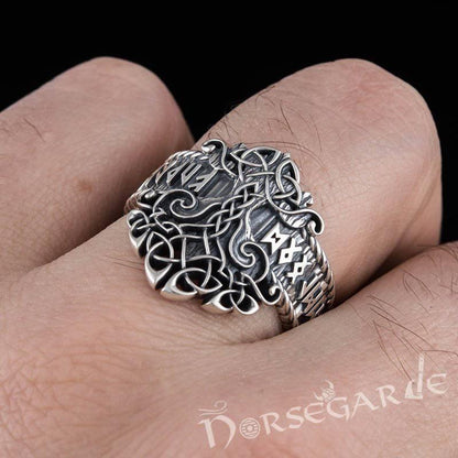 Handcrafted Yggdrasil and Runic Circle Ring - Sterling Silver