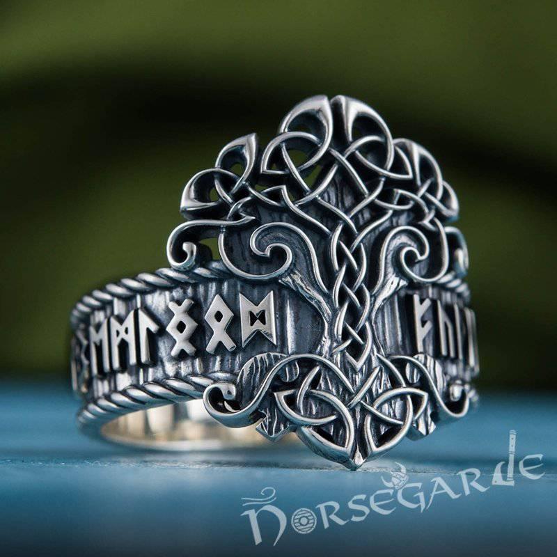 Handcrafted Yggdrasil and Runic Circle Ring - Sterling Silver