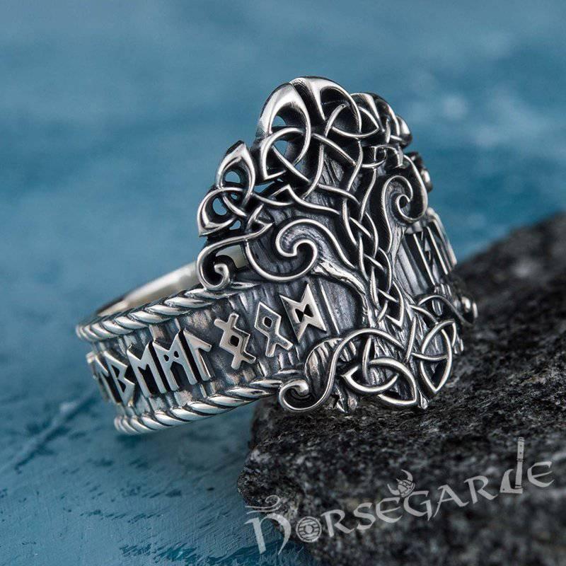 Handcrafted Yggdrasil and Runic Circle Ring - Sterling Silver