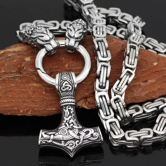 Animal Bite Ring Heavy Chain with Mjölnir - Stainless Steel