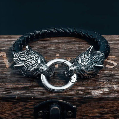 Odin's Wolves Leather Bracelet - Stainless Steel
