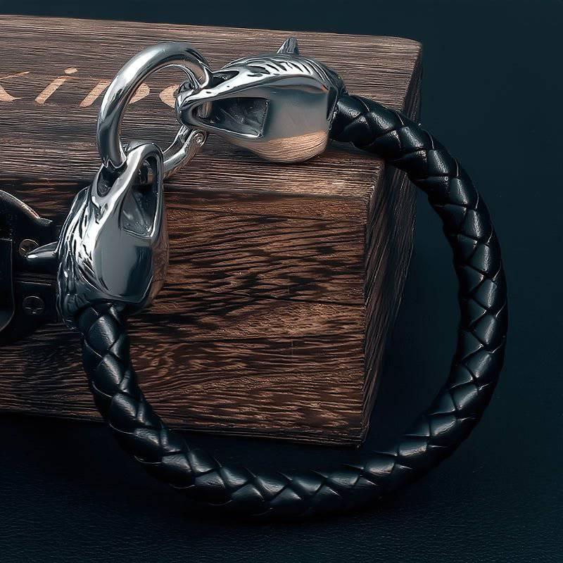 Odin's Wolves Leather Bracelet - Stainless Steel