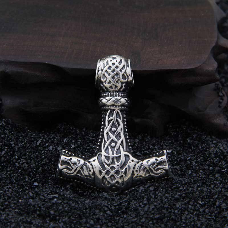 Ornamental Mjölnir with Wolf Heads - Sterling Silver